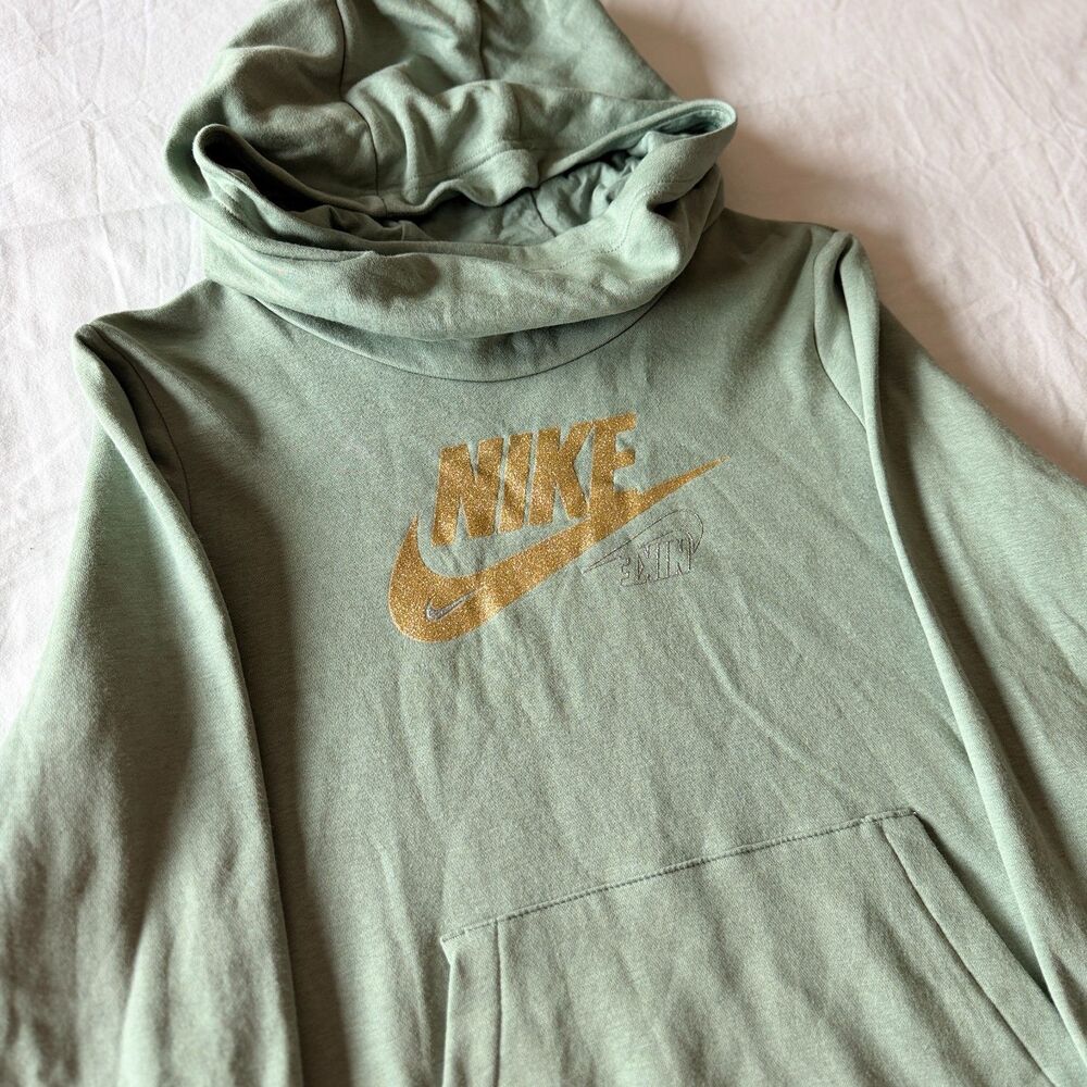 Nike Womens Small Club Fleece Funnel Neck Glitter Logo Hoodie Sage Green DO6195